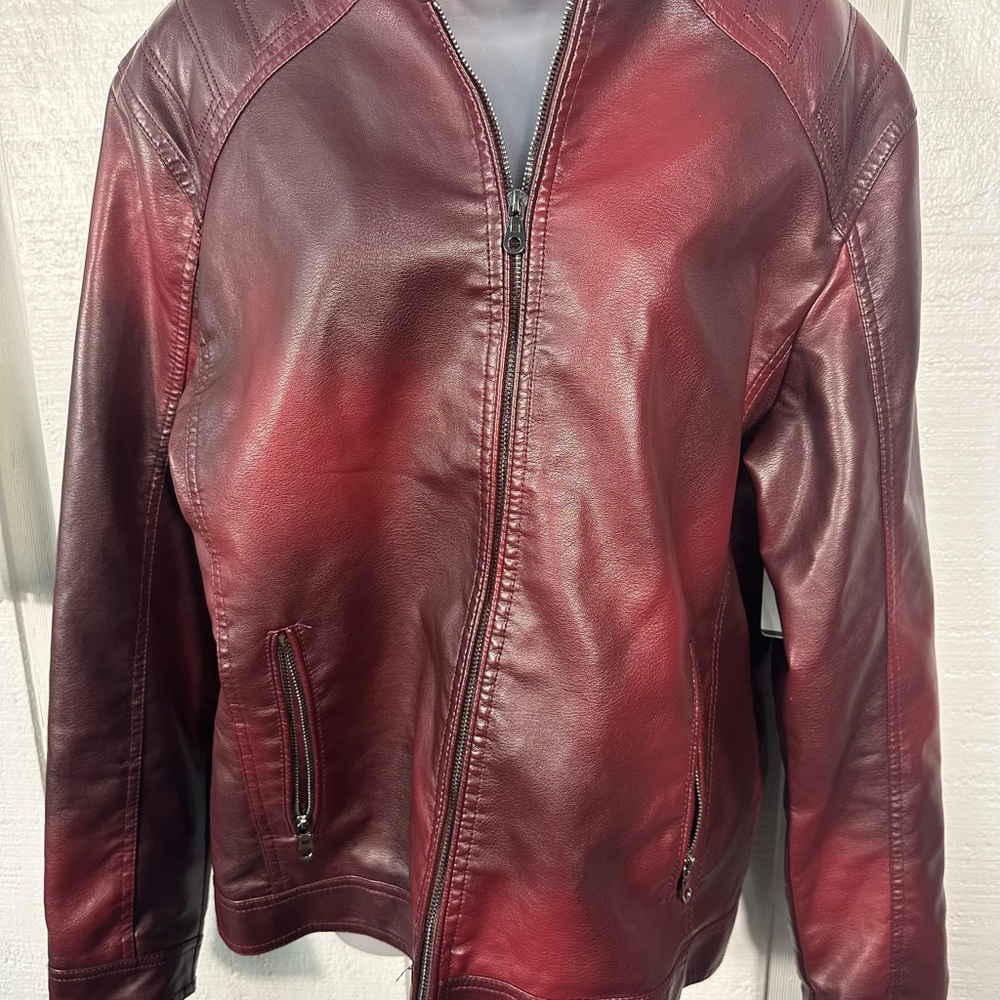 Burgundy Faux Leather Bomber Jacket No Size See Measurements EUC - Picture 4 of 11